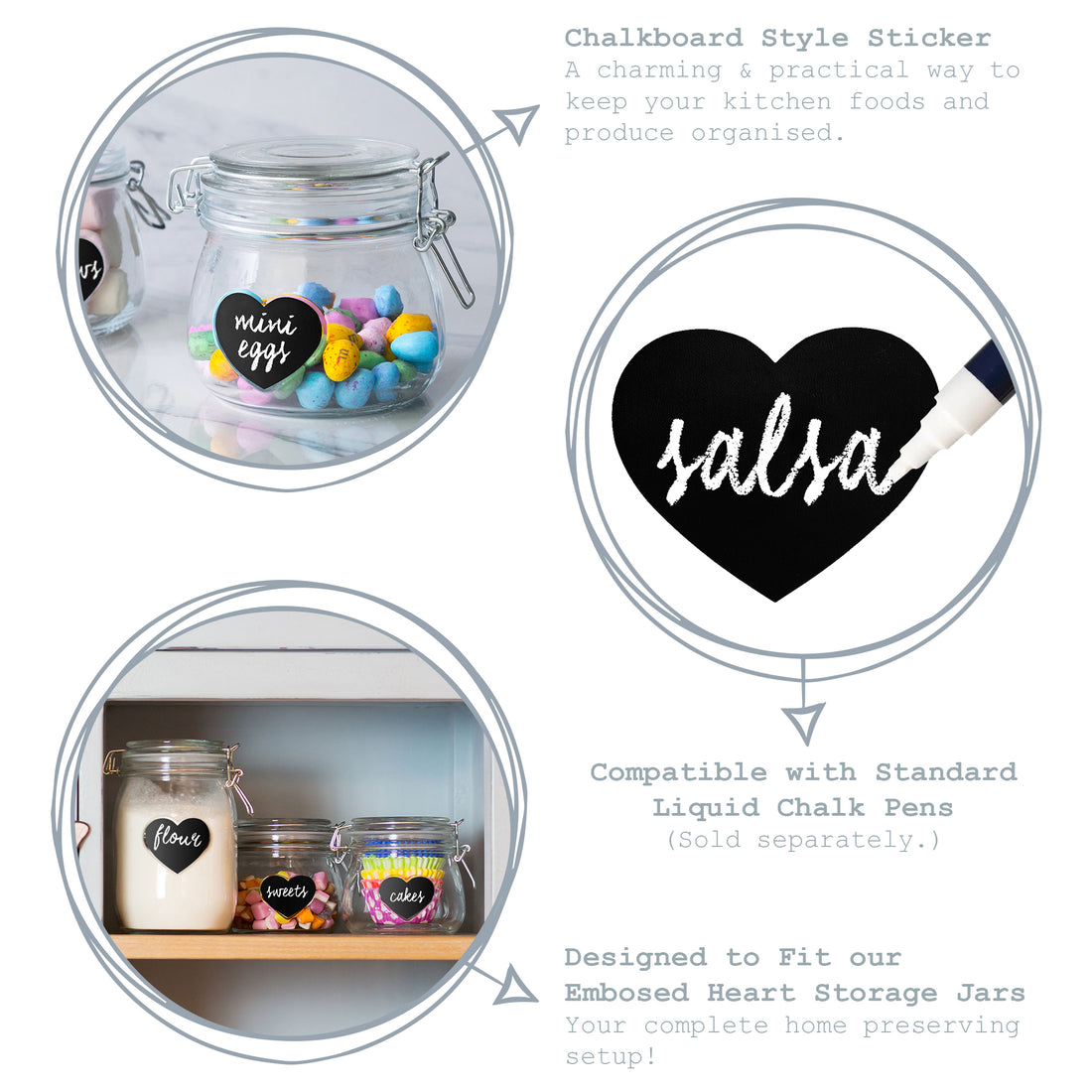 Set of 6 Glass Jar Chalkboard Labels - Heart - 6.5cm x 5cm