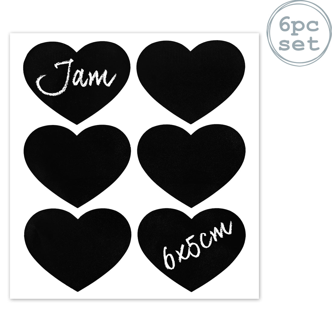 Set of 6 Glass Jar Chalkboard Labels - Heart - 6cm x 5cm