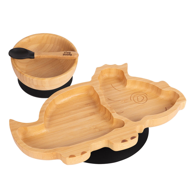 Tiny Dining Children's Bamboo Dinosaur Plate, Bowl and Spoon with Suction Cups - Black