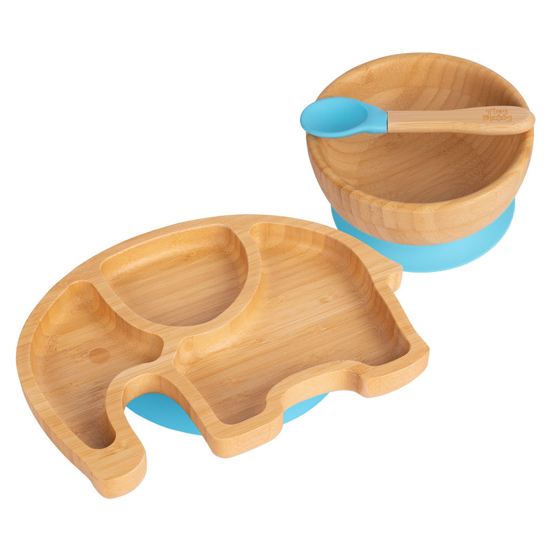 Tiny Dining Children's Bamboo Elephant Plate, Bowl and Spoon with Suction Cups - Blue
