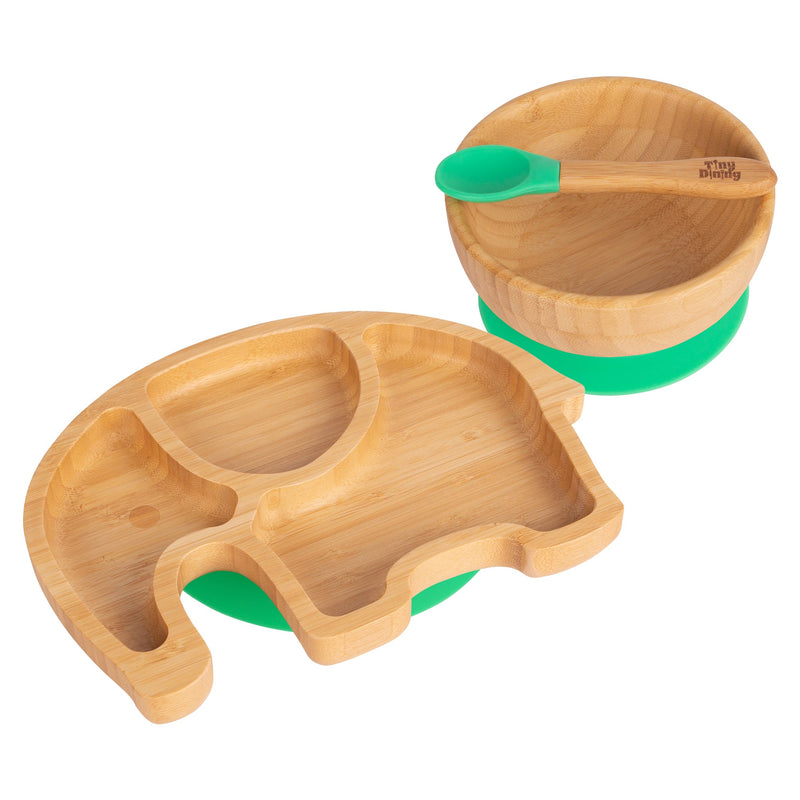 Tiny Dining Children's Bamboo Elephant Plate, Bowl and Spoon with Suction Cups - Green