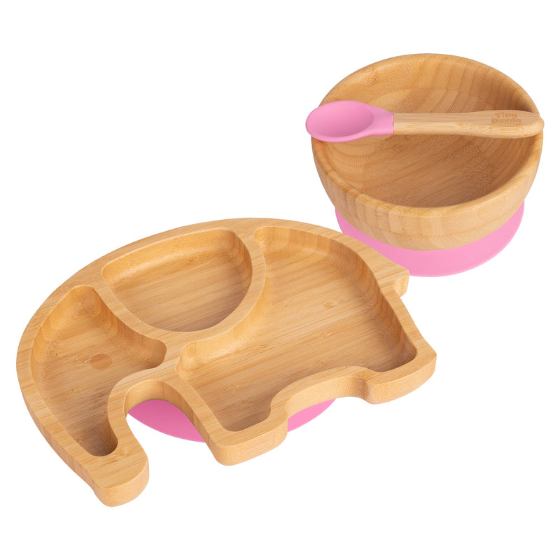 Tiny Dining Children's Bamboo Elephant Plate, Bowl and Spoon with Suction Cups - Pink
