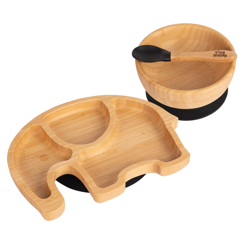 Tiny Dining Children's Bamboo Elephant Plate, Bowl and Spoon with Suction Cups - Black