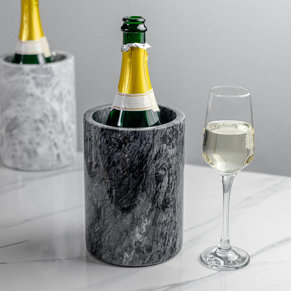 Argon Tableware Marble Wine Chillers in Black and Grey with White Wine Glass