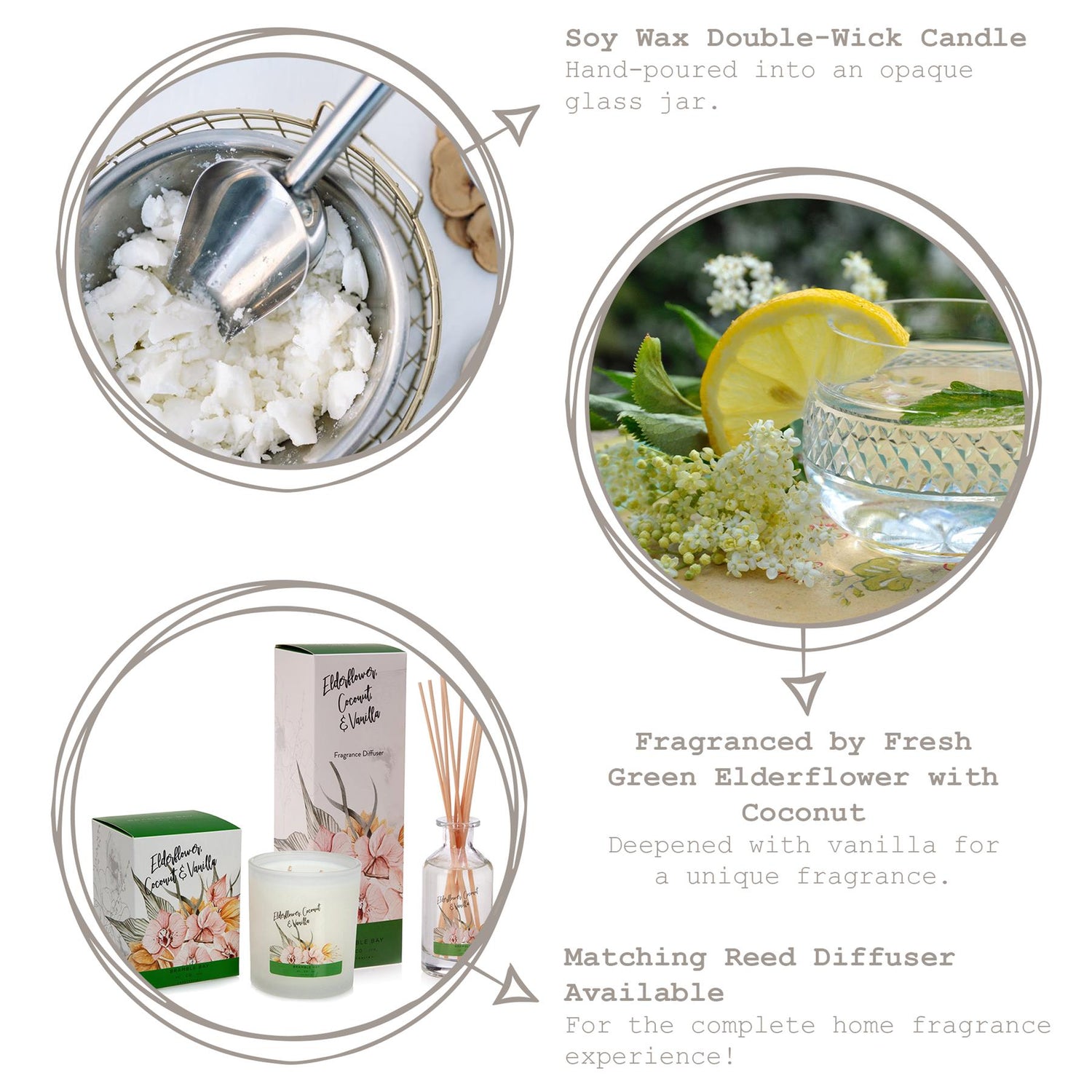 300g Elderflower, Coconut &amp; Vanilla Bath &amp; Body Soy Wax Scented Candle