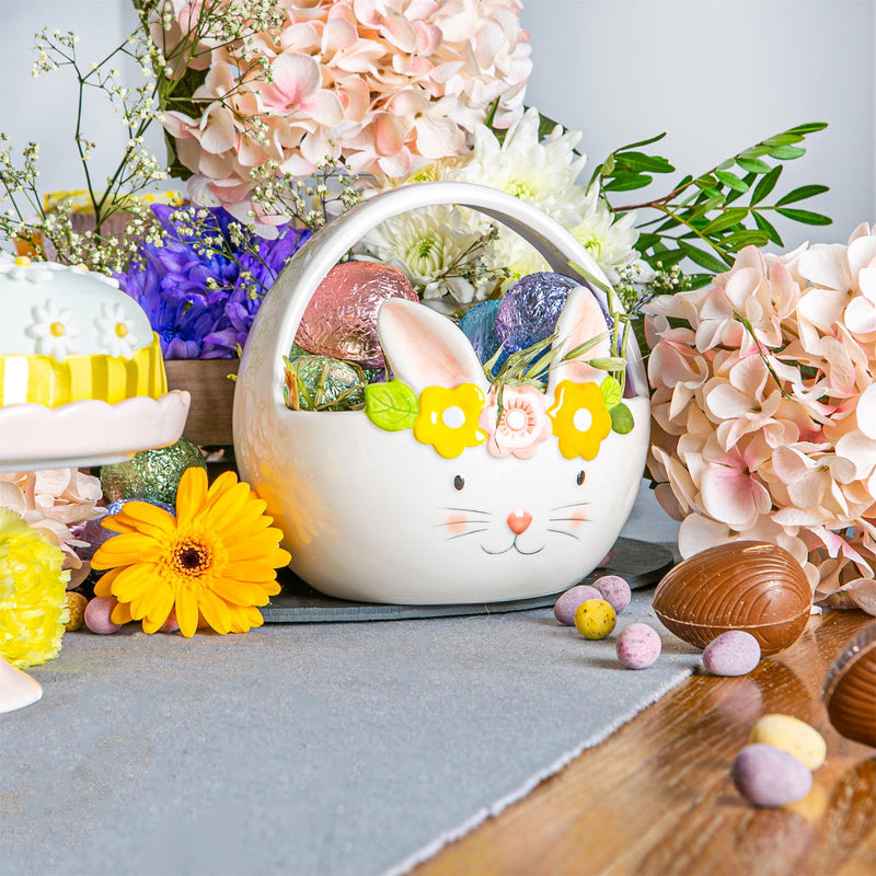 Nicola Spring Yellow Flower Bunny Basket - 16.5cm - White