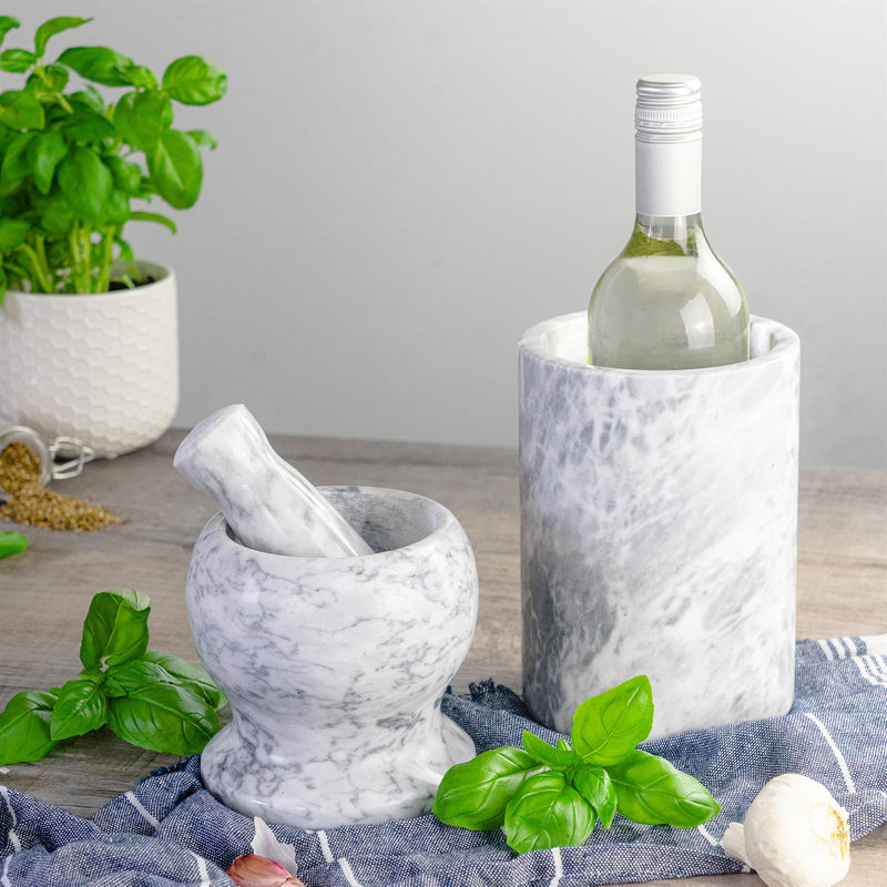 Argon Tableware Marble Kitchen and Bar Collection - Wine Bottle Chiller and Pestle and Mortar Set