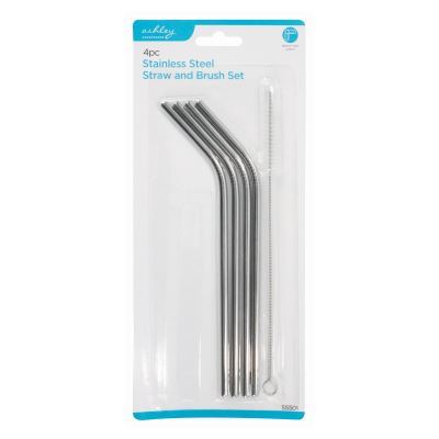 4pc 21cm Stainless Steel Straws &amp; Cleaning Brush Set - By Ashley