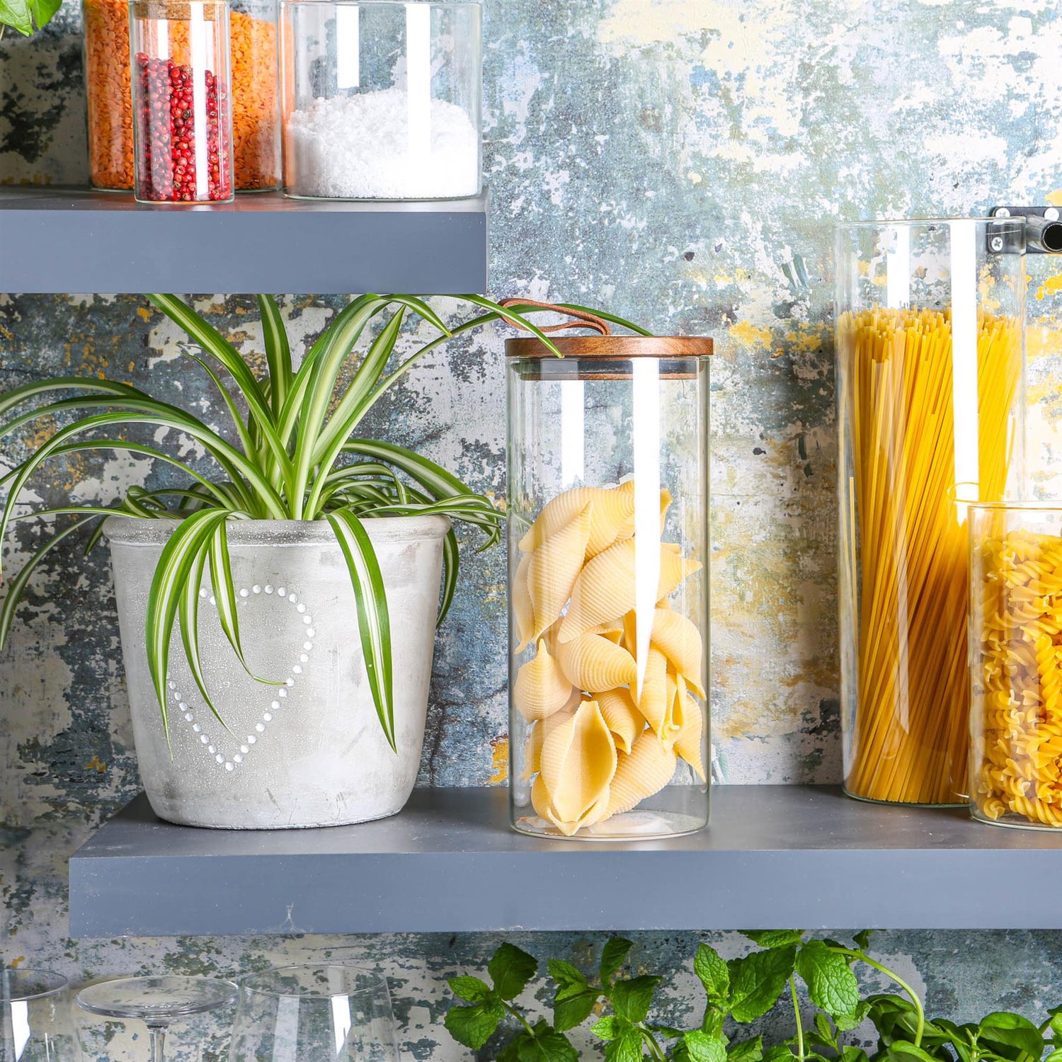 Glass Storage Jar with Wooden Lid - Leather Loop - 1.5 Litre