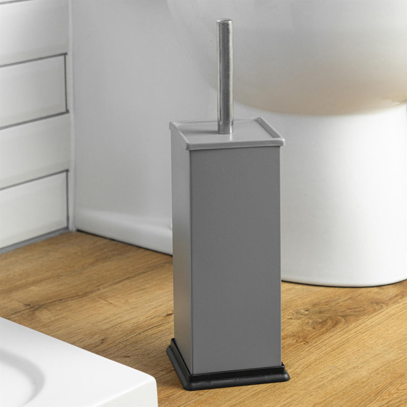 Harbour Housewares Square Steel Bathroom Toilet Brush & Holder Set - Grey