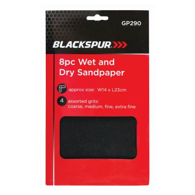 Assorted Grit Wet & Dry Sandpaper Sheets - Pack of 8 - By Blackspur