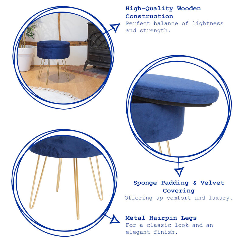 Blue H45 x D36cm Round Velvet Storage Footstool - By Harbour Housewares