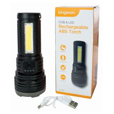 Black 2W + 1W COB Rechargeable Plastic Torch with Work Light