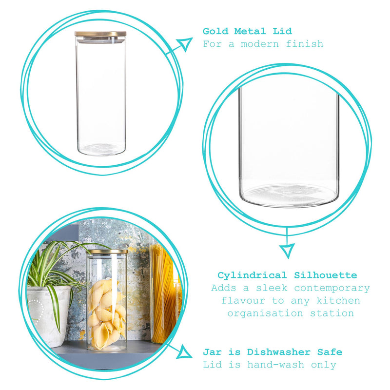 Argon Tableware Glass Storage Jar with Metal Lid - 1.5 Litre - Gold