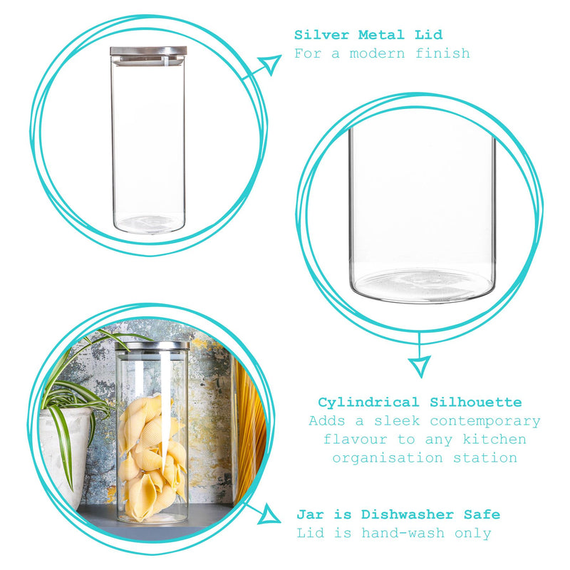 Argon Tableware Glass Storage Jar with Metal Lid - 1.5 Litre - Silver