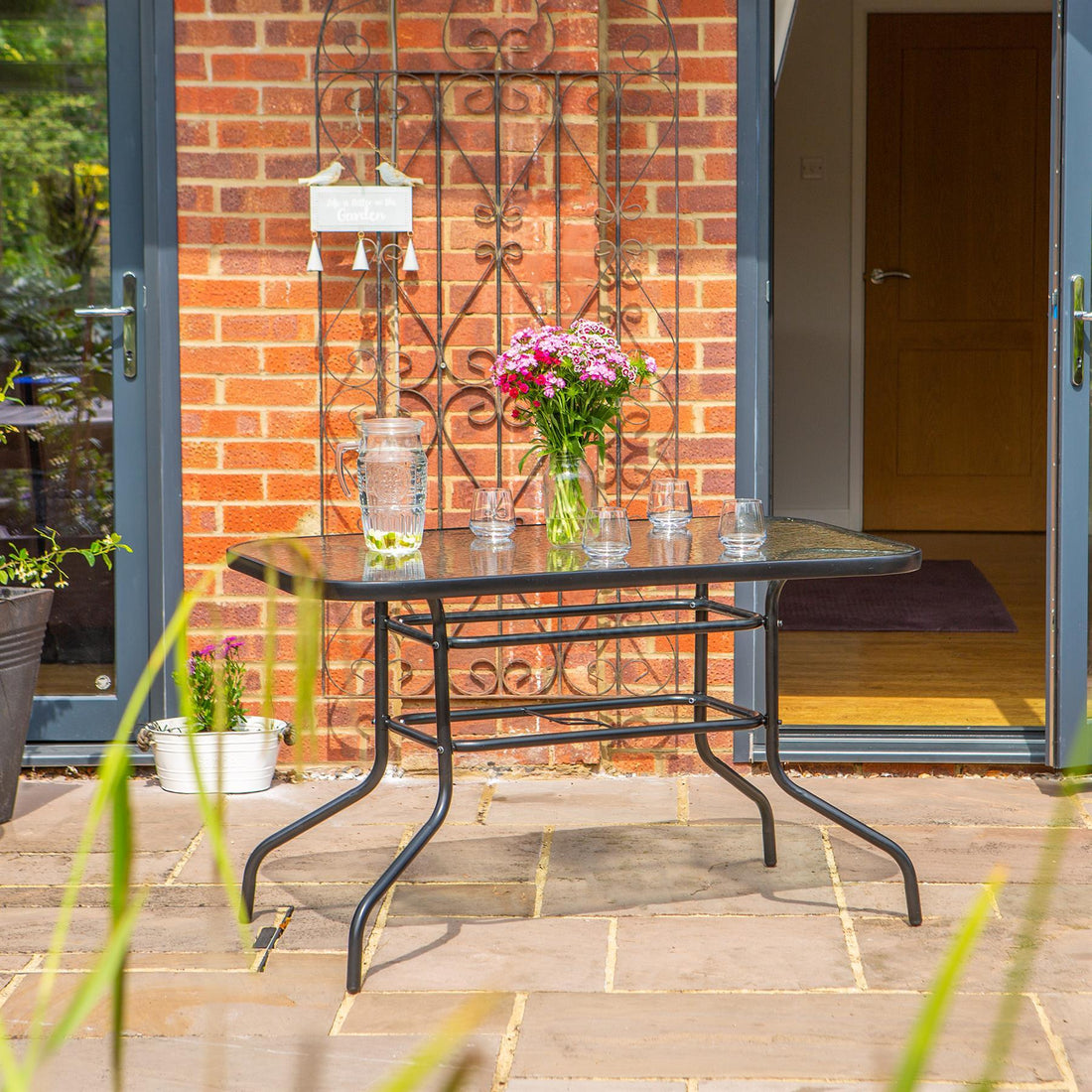 Metal Glass Top Garden Table - 120cm x 70cm - Black