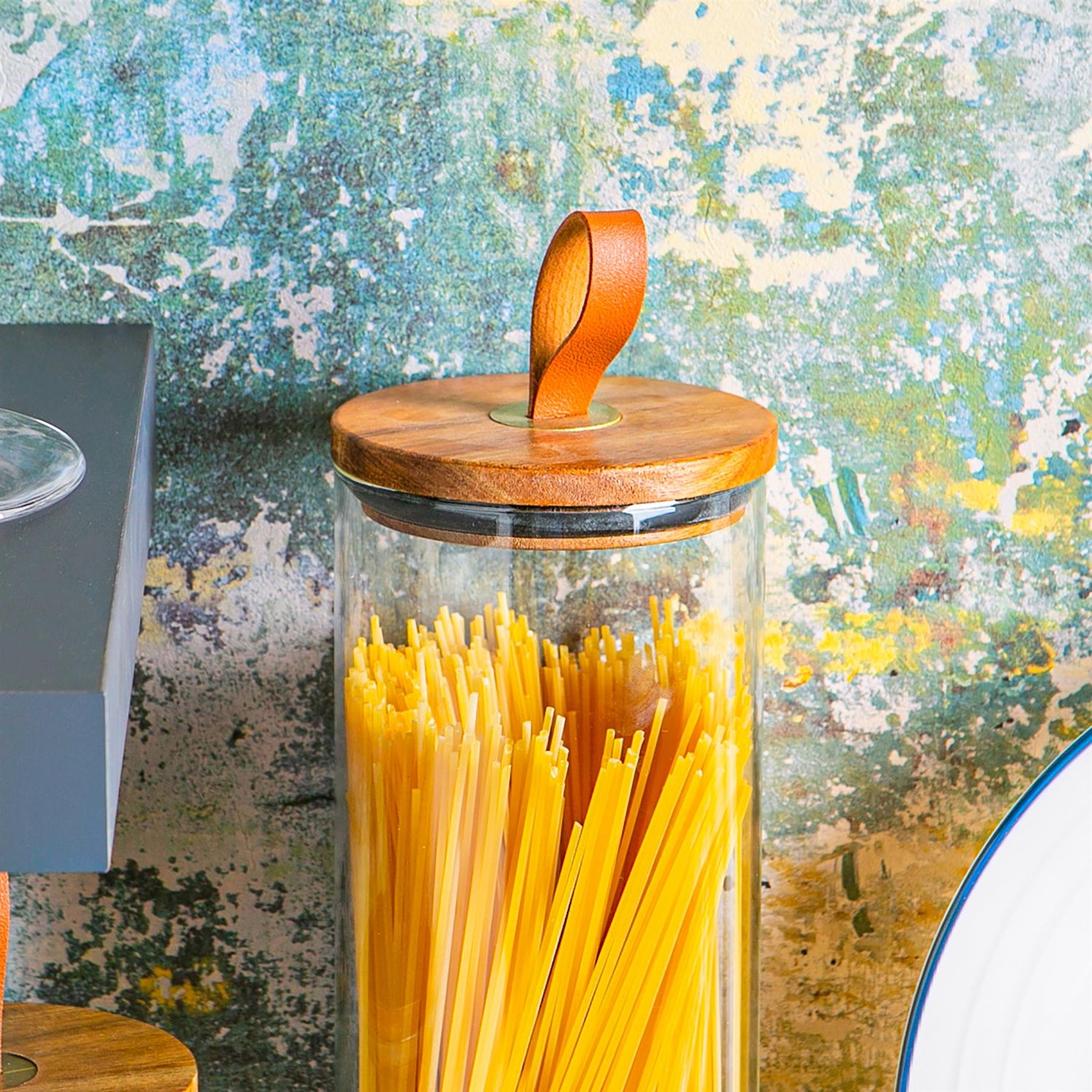 Glass Storage Jar with Wooden Lid - Leather Loop - 2 Litre