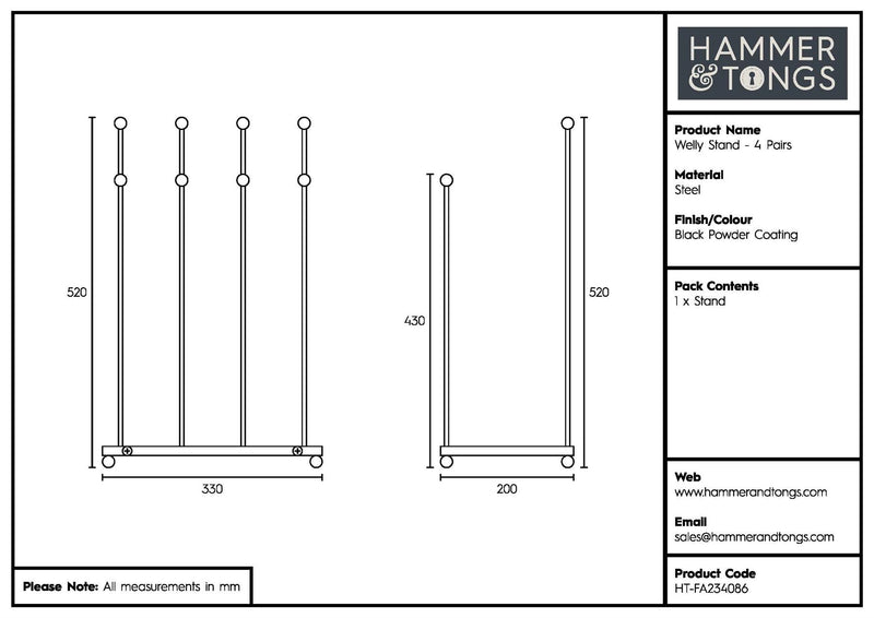 4 Pair Steel Wellington Boot Rack - By Hammer & Tongs