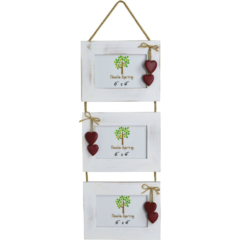 Nicola Spring Triple Wooden Hanging Picture Frame - 6x4 - White with Red Hearts